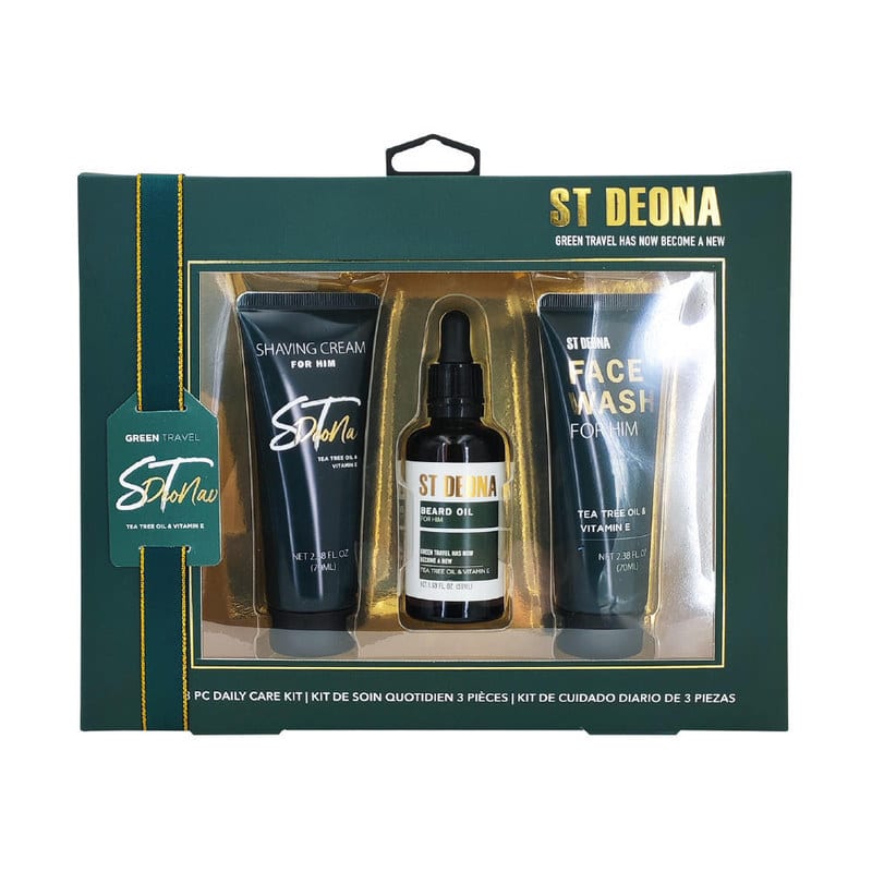 ST DEONA Men's 3-Piece Green Travel Daily Care Kit Shaving Cream Beard Oil Face Wash
