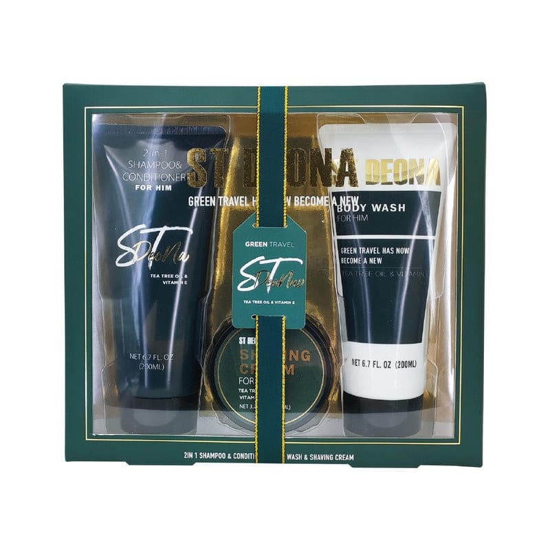 ST DEONA Men's 3-Piece Green Travel Toiletry Gift Set 2-in-1 Shampoo Conditioner Body Wash Shaving Cream